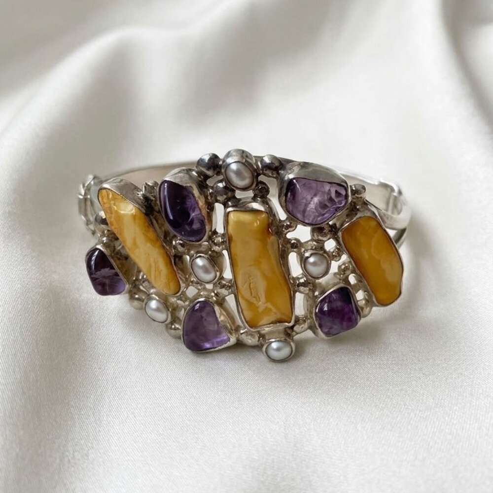 Heirloom Late 20th Century Polish Sterling Silver AmberAmethyst & Pearl Bracelet